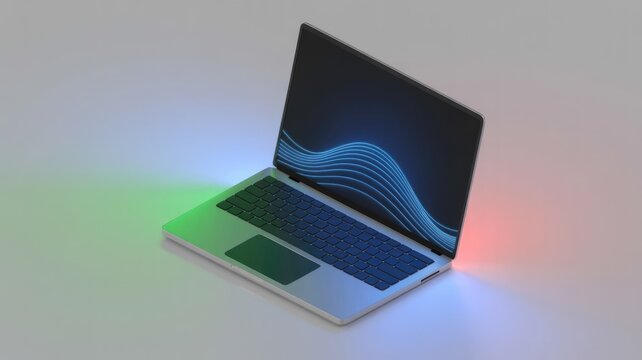 Sleek laptop with abstract blue waves on screen, highlighted by vibrant green and red ambient lighting, representing modern digital technology.