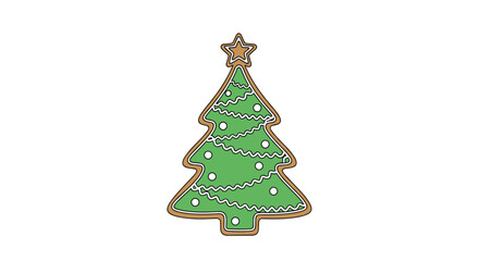 A charming Christmas tree-shaped cookie with green icing, white garlands, white ornaments, and a star, celebrating the festive season.