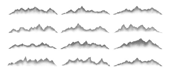 Grain noise stippled mountain range ridges terrain texture landscape vector illustration set. Grunge pointillism mountain range stipple landscape halftone effect shape sand texture.