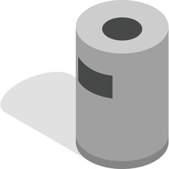 Isometric illustration of a simple gray cylindrical trash can with a dark shadow on a white background isolated in a 3d render