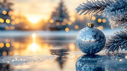 Winter sunset with silver ornament on snowy tree reflecting in frozen lake
