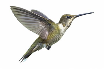 Fototapeta premium Hummingbird in mid-flight showcasing iridescent feathers against a white background