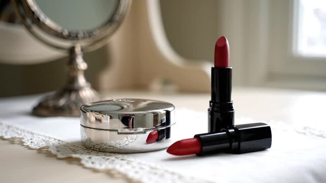 Compact Powder and Lipstick on Vanity Table in Soft Light