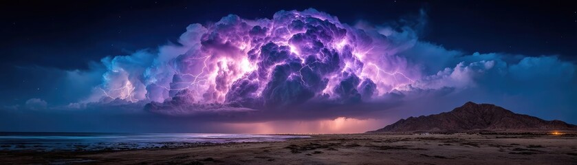 Toxic gas cloud with electric discharges lightning concept. Dramatic lightning storm over a deserted landscape at dusk.