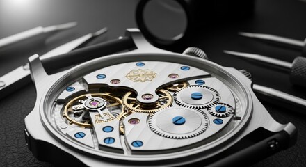 Intricate watch mechanism with gears, screws, and precision tools nearby