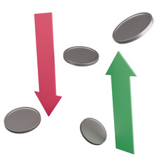 Finance, investment Green and red arrows with coins symbolizing financial growth and decline concept. 3d illustration