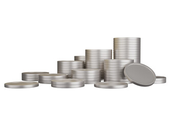 Finance, investment stacks of silver coins representing wealth, savings, and financial growth on transparent background. 3d illustration