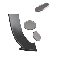 Finance, investment downward arrow with falling coins representing financial loss or market decline concept. 3d illustration
