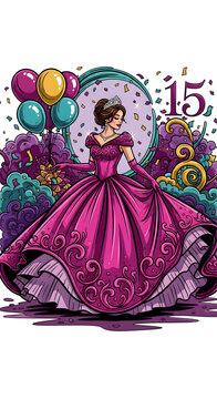 Cartoon Illustration of Quincea&ntilde;era Princess in Pink Dress with Balloons and 15