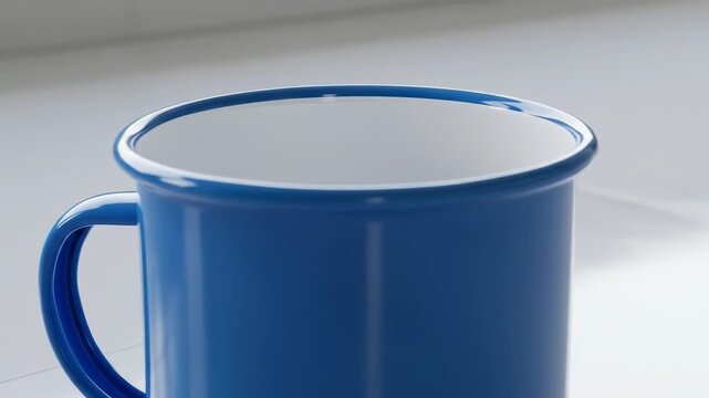 Blue enamel mug with handle, on light surface, white interior