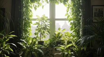 Lush indoor plants frame a bright window, revealing a distant cityscape