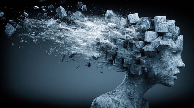 Thought-provoking image of a woman's head with an exploding brain symbolizing creativity and mental energy flow