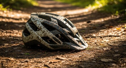 Mud-splattered bike helmet on a dirt path, dappled light