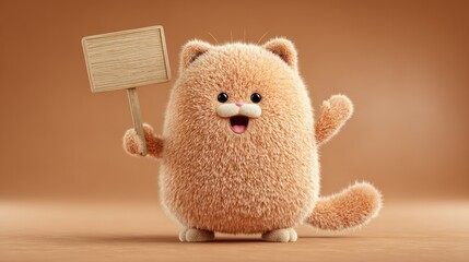 Cute fluffy orange cartoon cat with blank sign smiling against a brown backdrop