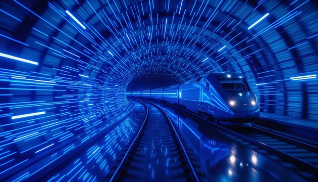 A futuristic high-speed train races through a glowing digital tunnel