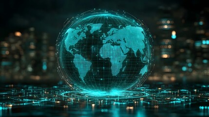 Digital globe showing global connections in a modern city setting at night with glowing lights and data overlays