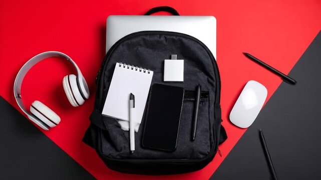Backpack with Laptop with Phone, Headphones, and and Supplies.