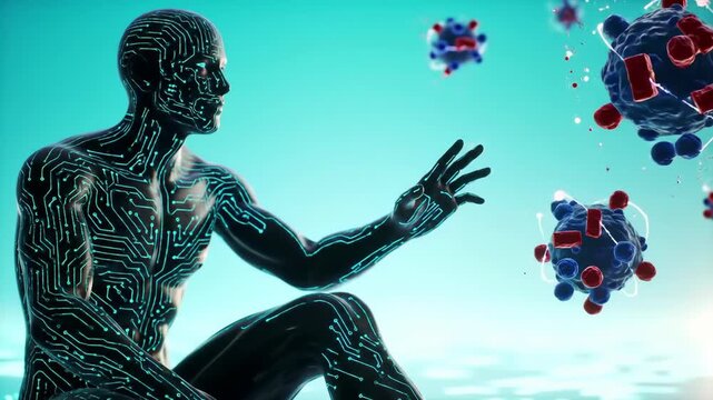 Pensive Glowing Circuit Human Figure and Virus Cells on Light Blue Backdrop