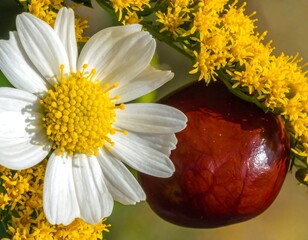 Close-up of a daisy and chestnut surrounded by yellow blossoms