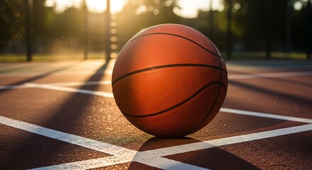 Basketball on outdoor court at sunset, casting long shadows, with warm golden light.