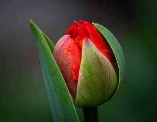 Close-up of a vibrant red tulip bud in varying shades of green