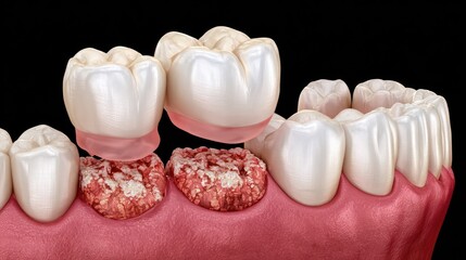 Dental rendering showing a bridge fitting over damaged teeth in the lower jaw
