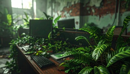 An abandoned, derelict office interior being reclaimed by lush, overgrown green plants and foliage.