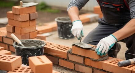 Professional bricklayer skillfully constructing a new red brick wall with fresh mortar and a trowel at an outdoor building site