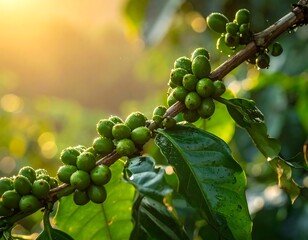 Close-up of green coffee beans growing on a branch with leaves