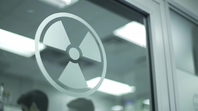 Radiation Symbol on Glass Door of Laboratory with White Interior
