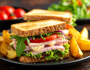 Close-up of sandwich, potato wedges, and a fresh salad