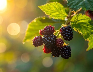 Close-up of ripe, juicy berries on a branch, backlit by golden sunlight