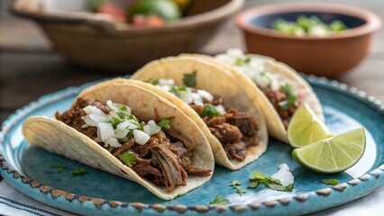 Authentic and flavorful barbacoa tacos on a blue plate, garnished with fresh onions and lime wedges, showcasing traditional mexican cuisine