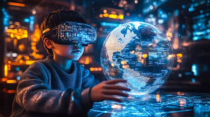 A boy wearing VR glasses interacts with a holographic globe. Generative Ai.