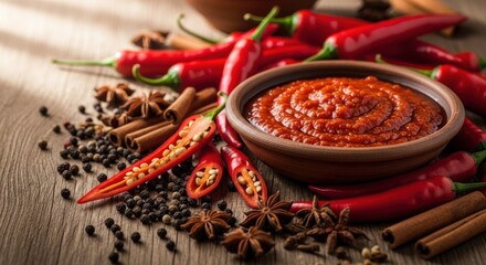 Spicy spread bowl, red chili peppers, and various spices on wood surface