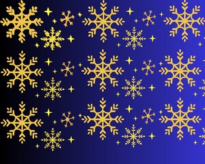 The background is dark blue with a gradient, decorated with a pattern of snowflakes and small golden yellow stars. The snowflakes come in various sizes and designs, creating a s