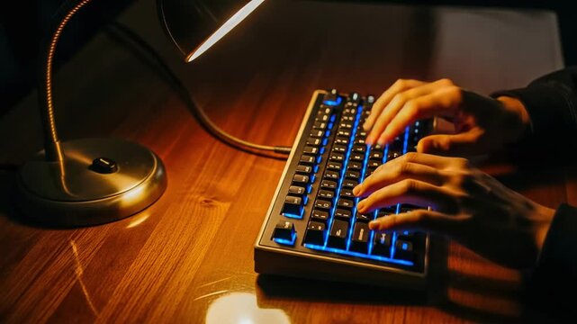 Hands typing on a mechanical keyboard with blue backlight under a lamp