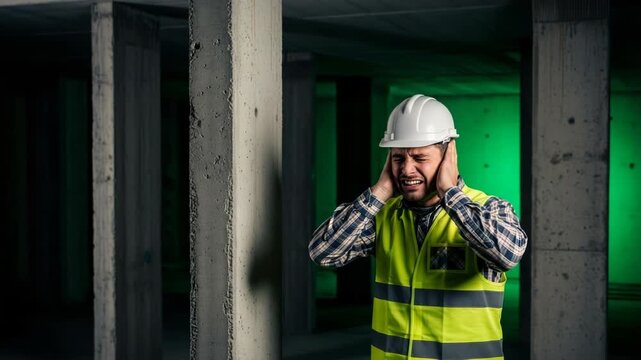 Construction worker covering ears from loud noise