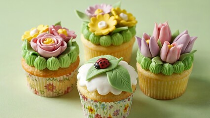 Spring Cupcakes Decorated with Pink Bunny Faces, Green Grass Frosting and Fondant Carrots on Pastel Surface in Cheerful Easter Celebration