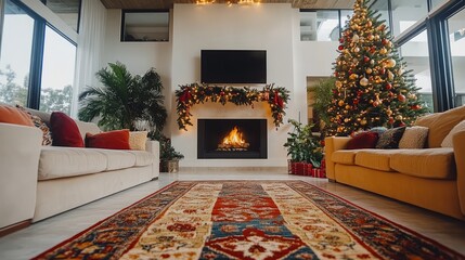 Cozy Christmas Living Room: A warm and inviting living room is beautifully decorated for the festive season, with a crackling fireplace, and a towering Christmas tree.