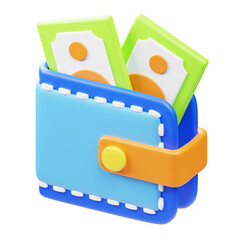 3D Rendered Colorful Wallet with Dollar Bills Financial Management Icon