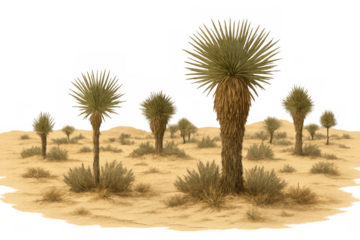 Mojave desert landscape with joshua tree yucca plants growing on vast sandy terrain, transparent background