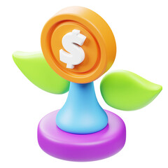 Colorful 3D Style Coin Plant Investment with Leaves and Dollar Sign Icon