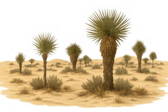 Mojave desert landscape with joshua tree yucca plants growing on vast sandy terrain, transparent background