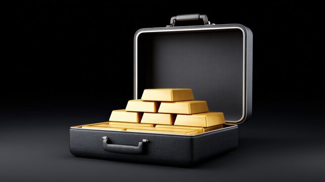 A briefcase full of gold bars slightly open, glowing light emanating from inside, high-detail studio shot