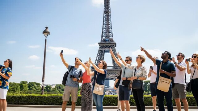 Tourists point, take pictures of Eiffel Tower in bright, sunny daylight