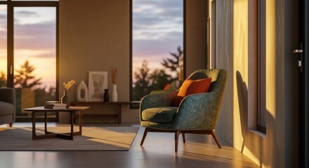 Fototapeta premium Sunny interior with armchair, table, and window to sunset landscape