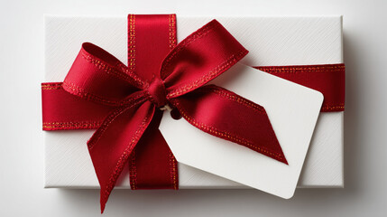 Red ribbon is tied around a white box with a tag on it. The box is sitting on a white surface