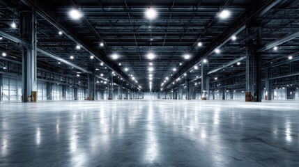 Expansive, brightly-lit industrial warehouse interior, polished concrete floor reflecting overhead lights