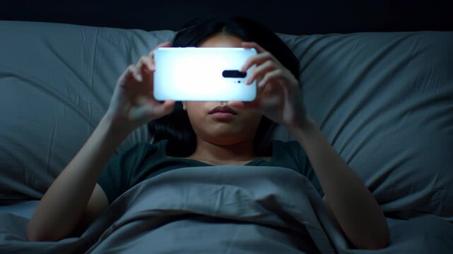 Young Woman Lying In Bed Holding Brightly Lit Tablet At Night